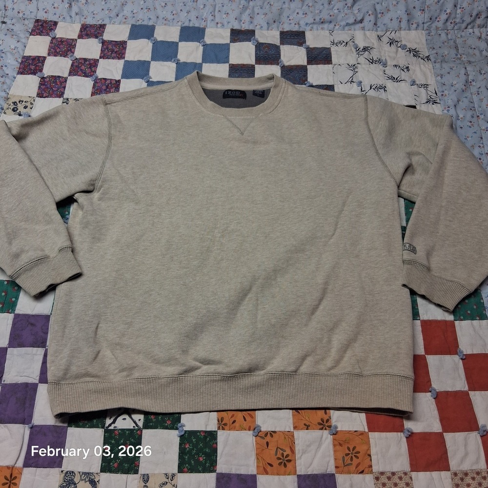 IZOD PerformX Sweatshirt Size Large Beige Crew Neck V Stitch